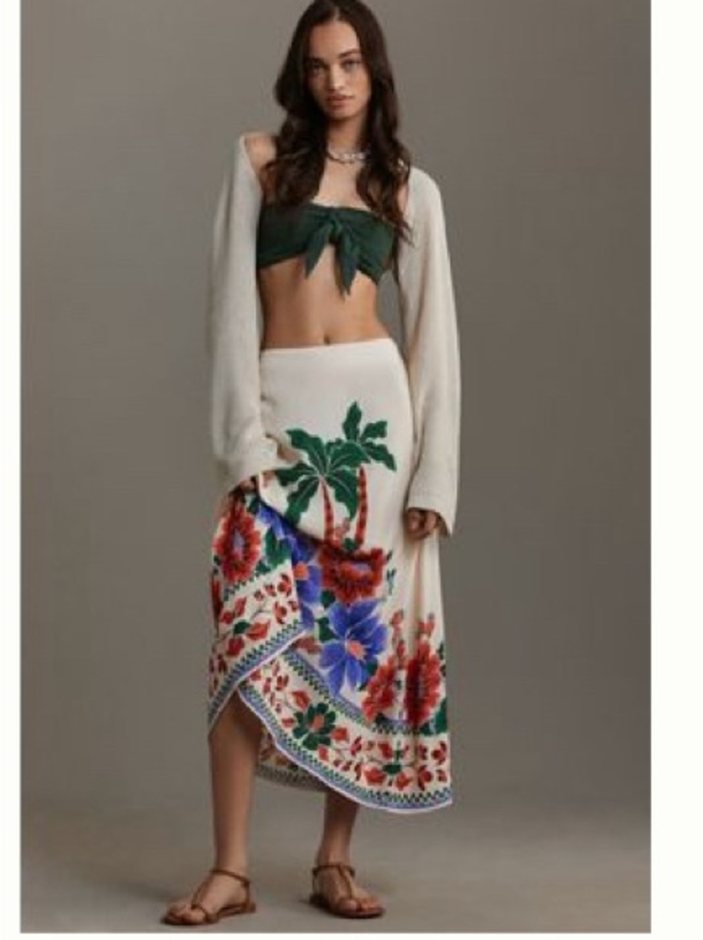 FARM Rio Cream Midi Skirt with Multicolor Tropical Floral Print